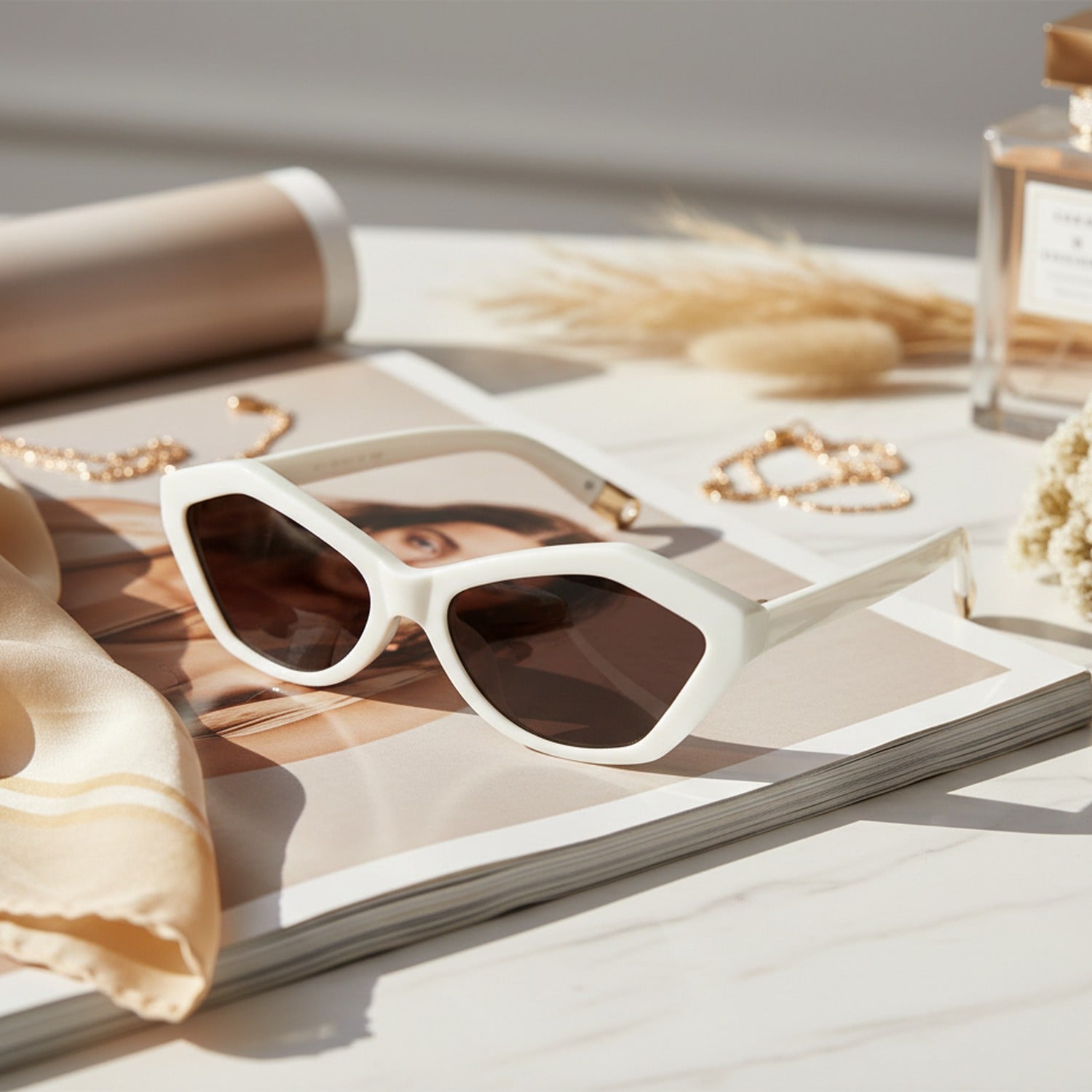 Cream Cat Eye Sunglasses With Gold Accents
