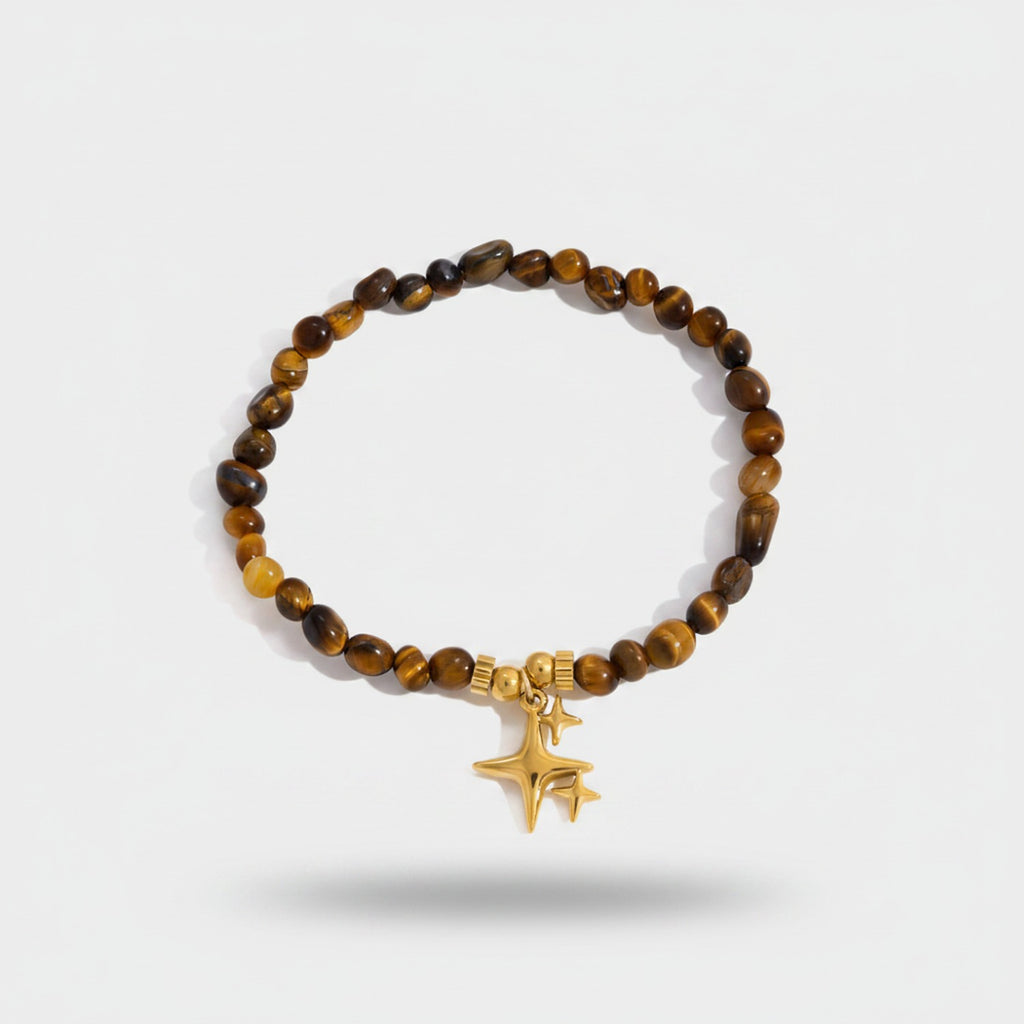 Tiger's Eye Beaded Bracelet With Gold Star Charm