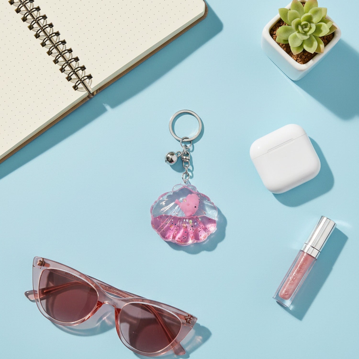 Pink Glitter Shell Acrylic Keyring with Pearl Charm