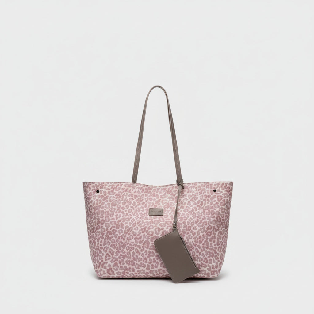 Pink Leopard Print Canvas Tote Bag With Pouch
