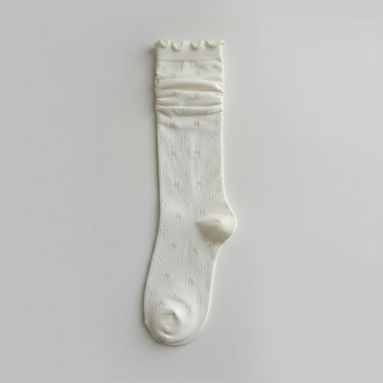 Cream Ruched Crew Socks with Textured Knit Detail