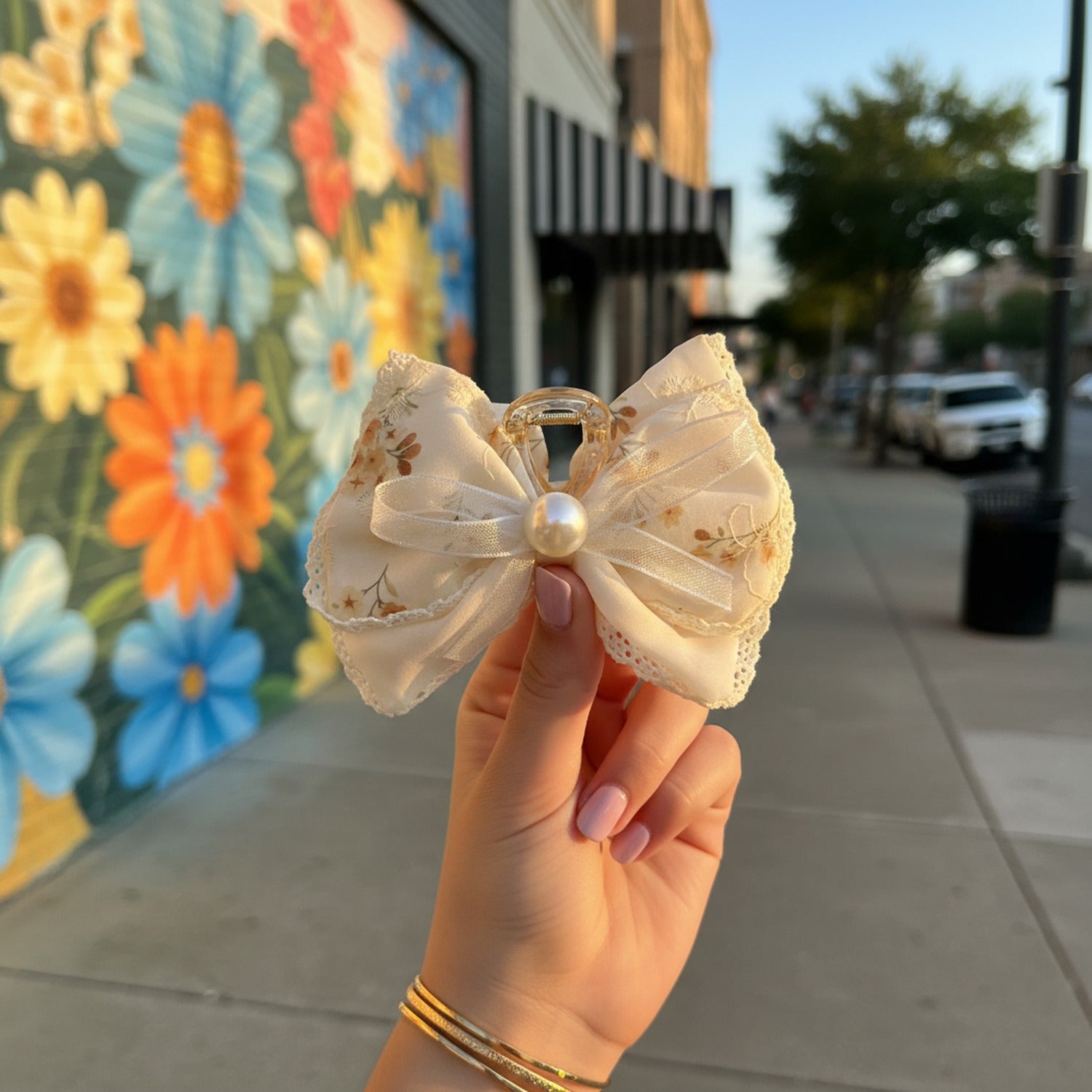 Cream Floral Lace Hair Claw With Pearl