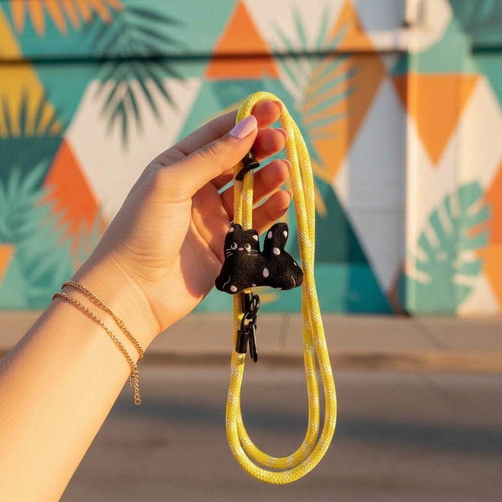 Yellow Rope Black Cat Charm Phone Strap
