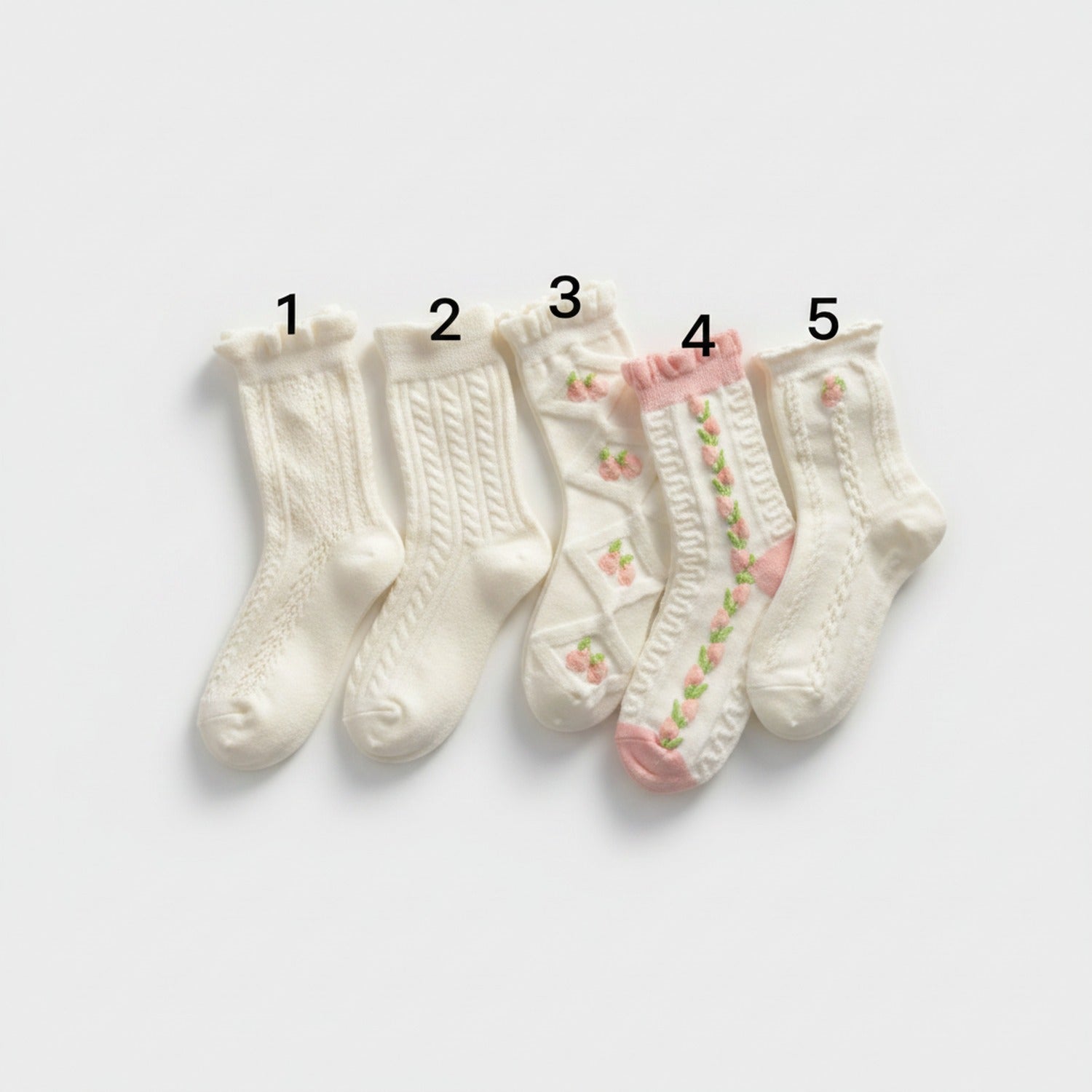Cream Cable Knit Crew Socks With Floral Details