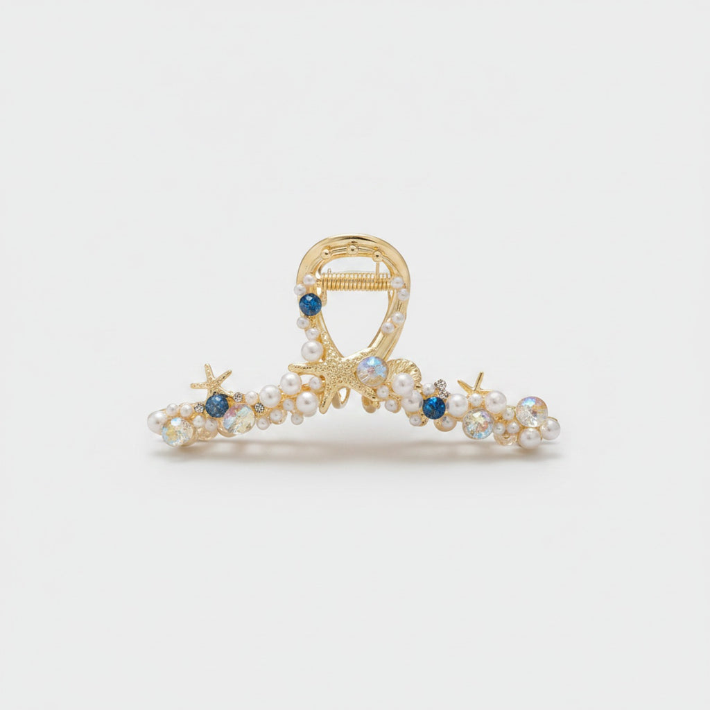 Pearl & Starfish Beaded Gold Hair Claw