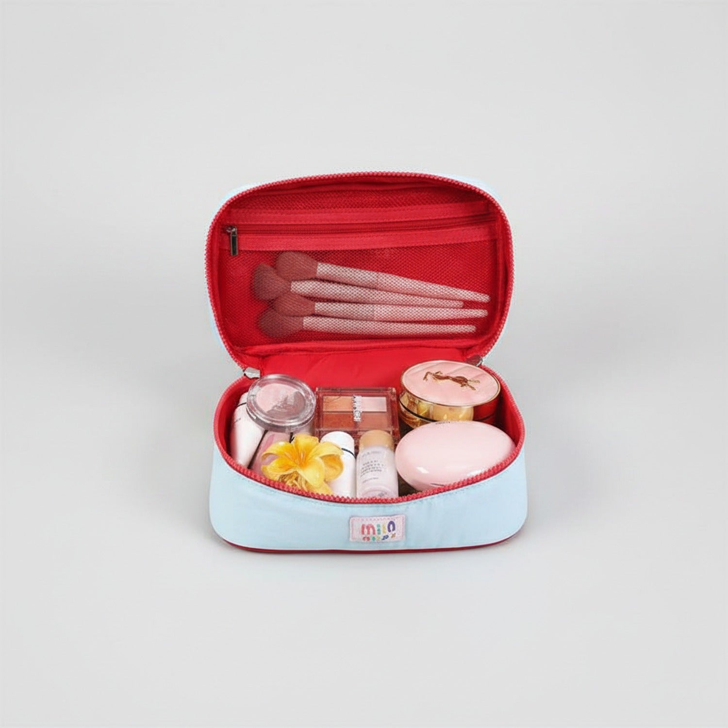 Pastel Blue & Pink Cosmetic Bag With Flower Charm