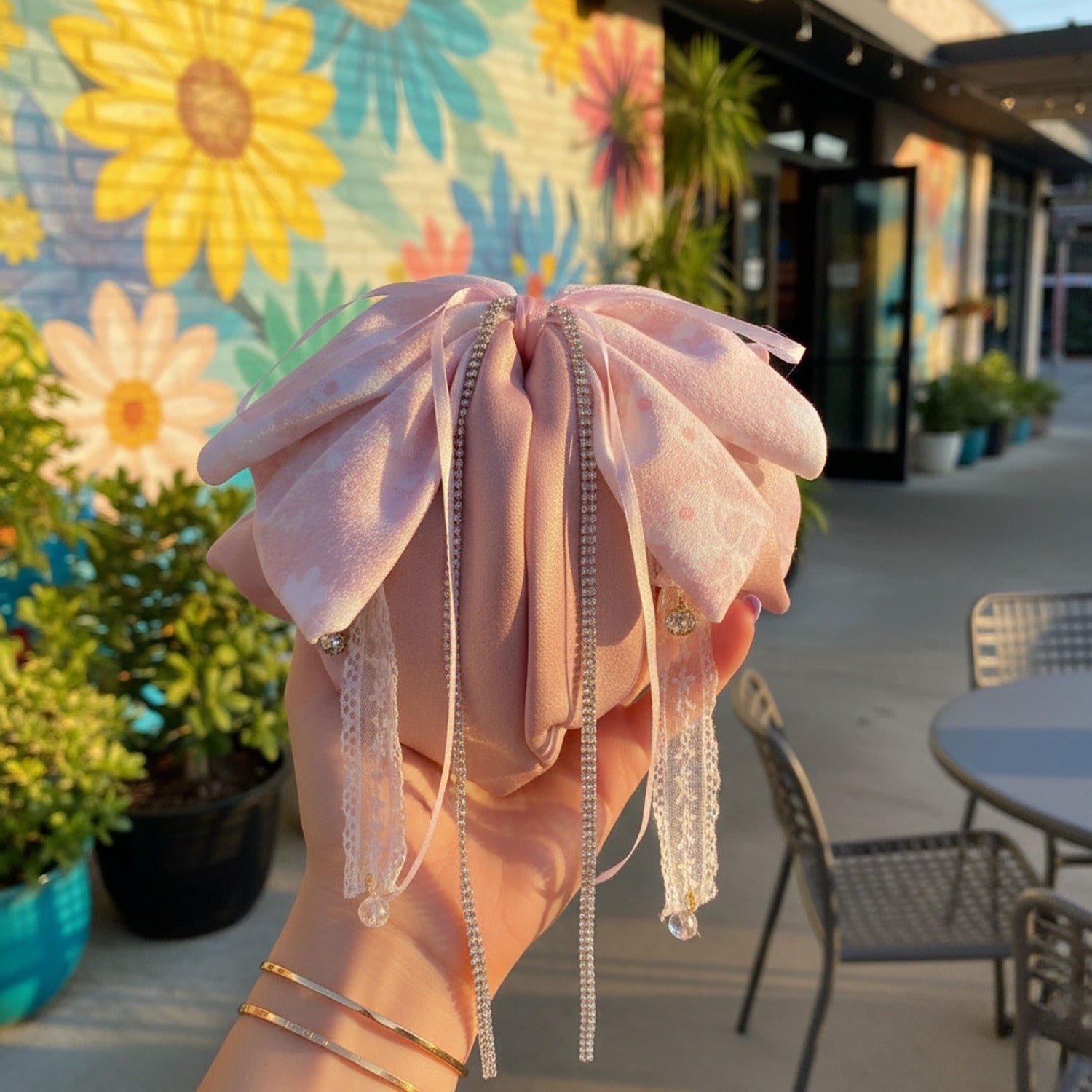 Pink Velvet Flower Hair Claw With Pearl Chains