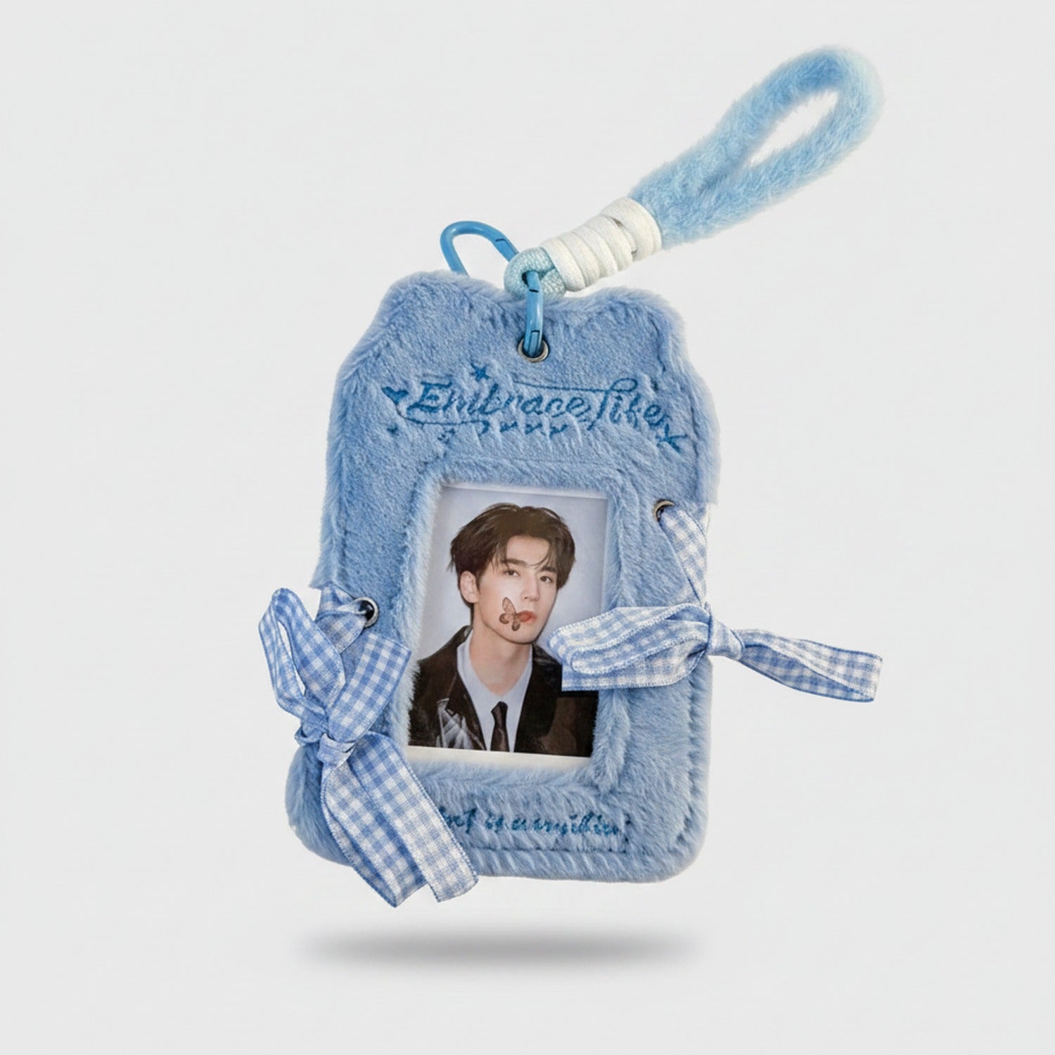 Fuzzy Photo Frame Keychain with Ribbons - Blue Plush Card Holder with Ribbon