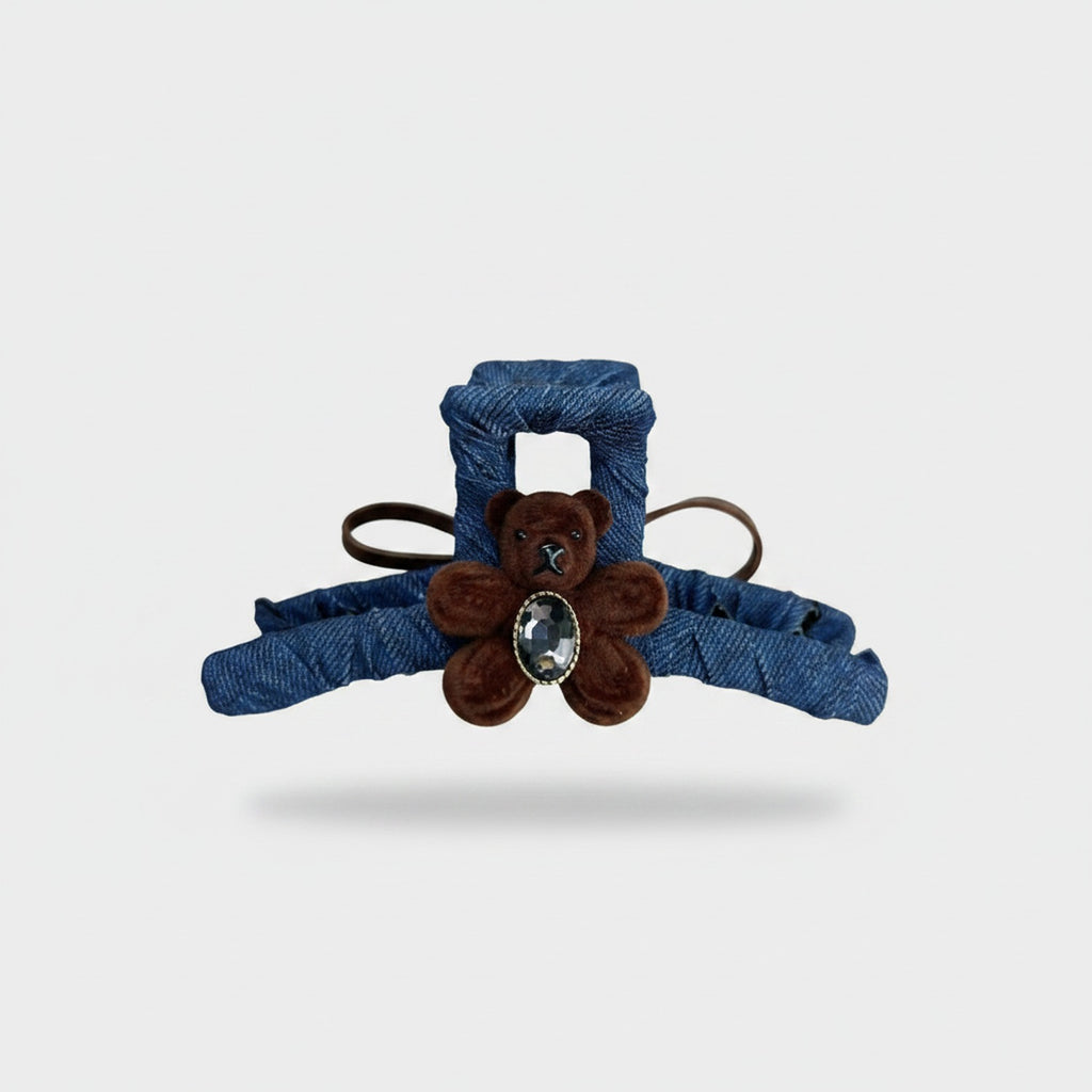 Blue Denim Teddy Bear Hair Claw Clip