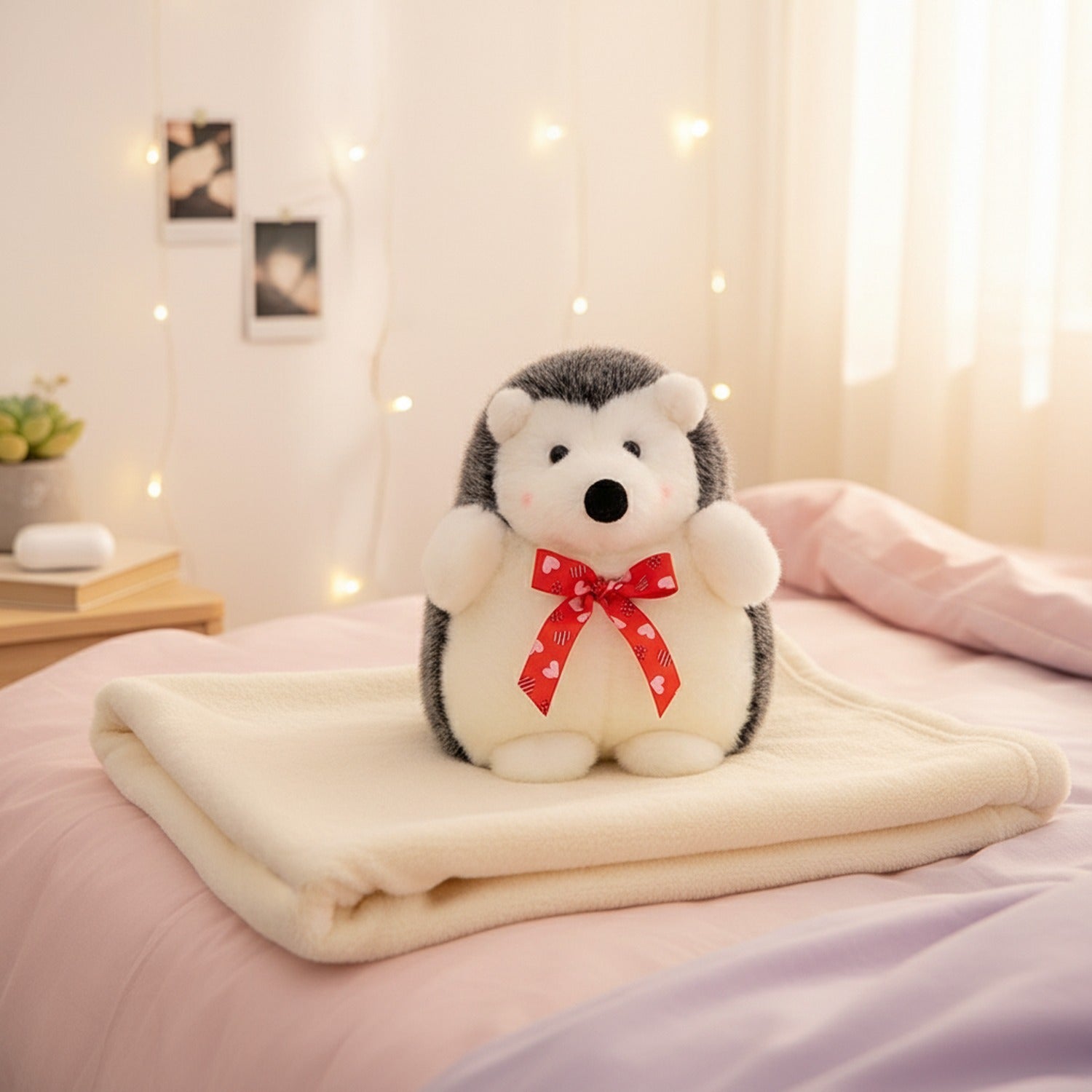 Adorable Gray and White Hedgehog Plush with Red Ribbon Bow