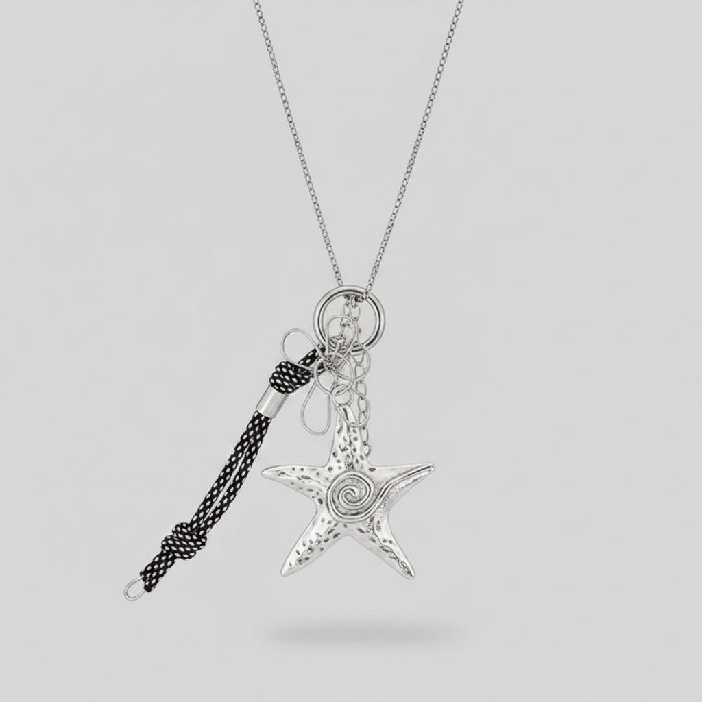 Silver Starfish Charm Necklace With Black Cord