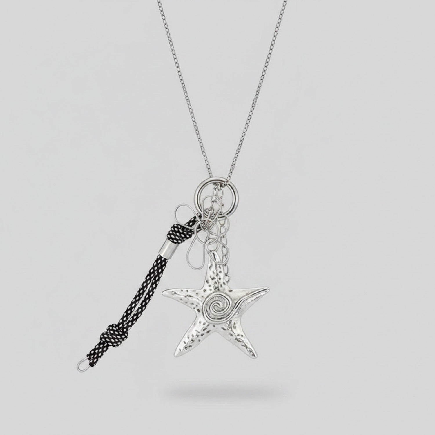 Silver Starfish Charm Necklace With Black Cord