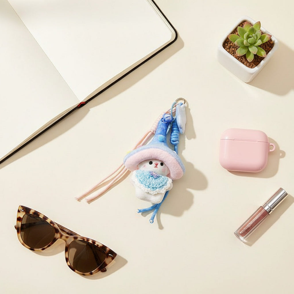 Pink Mushroom Plush Phone Charm With Ribbon Strap