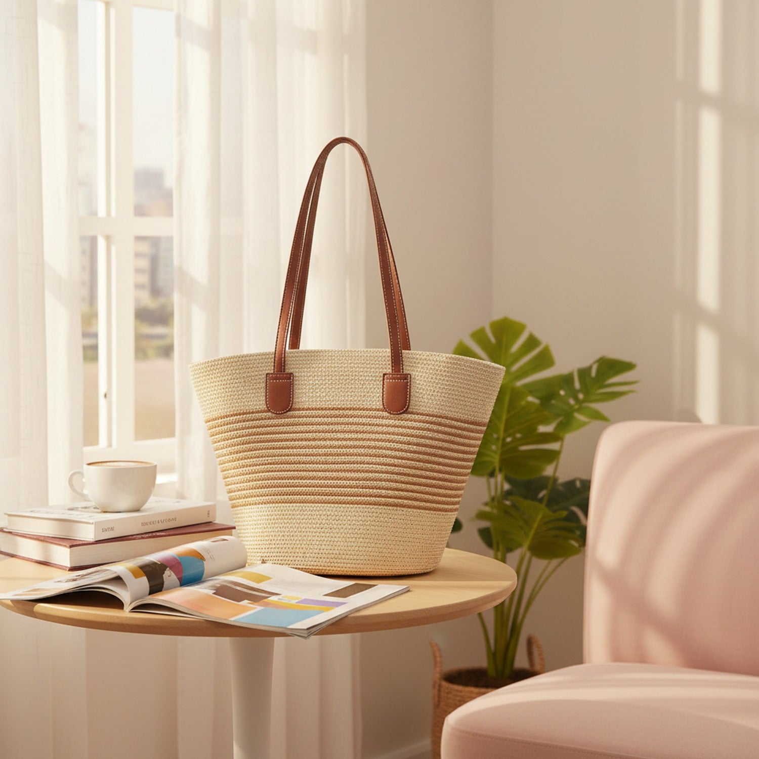 Straw Tote Bag With Leather Handles
