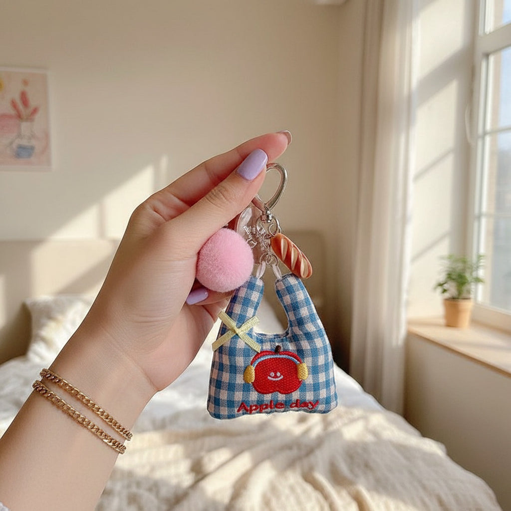 Blue Gingham Apple Charm Keyring With Pink Pom Pom