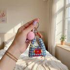 Blue Gingham Apple Charm Keyring With Pink Pom Pom