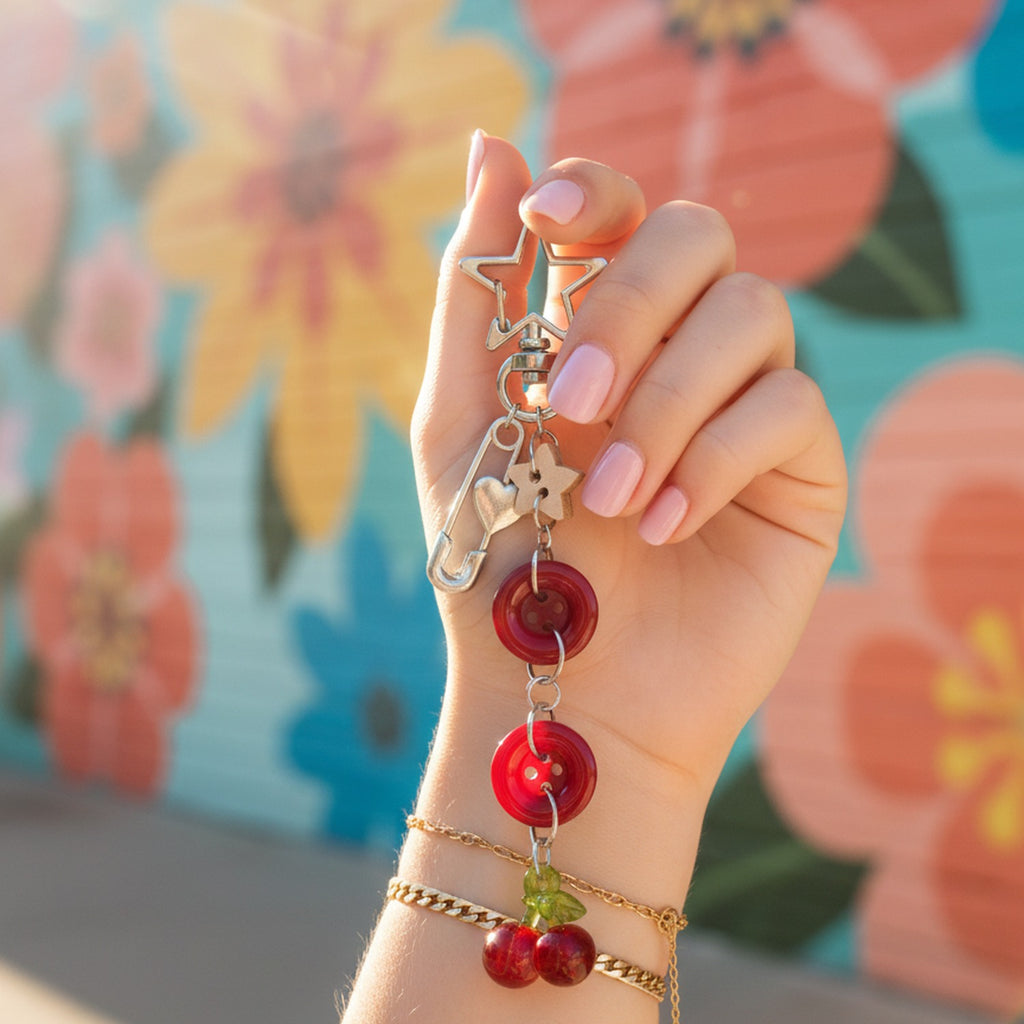 Red Cherry Acrylic Keyring With Star Charm