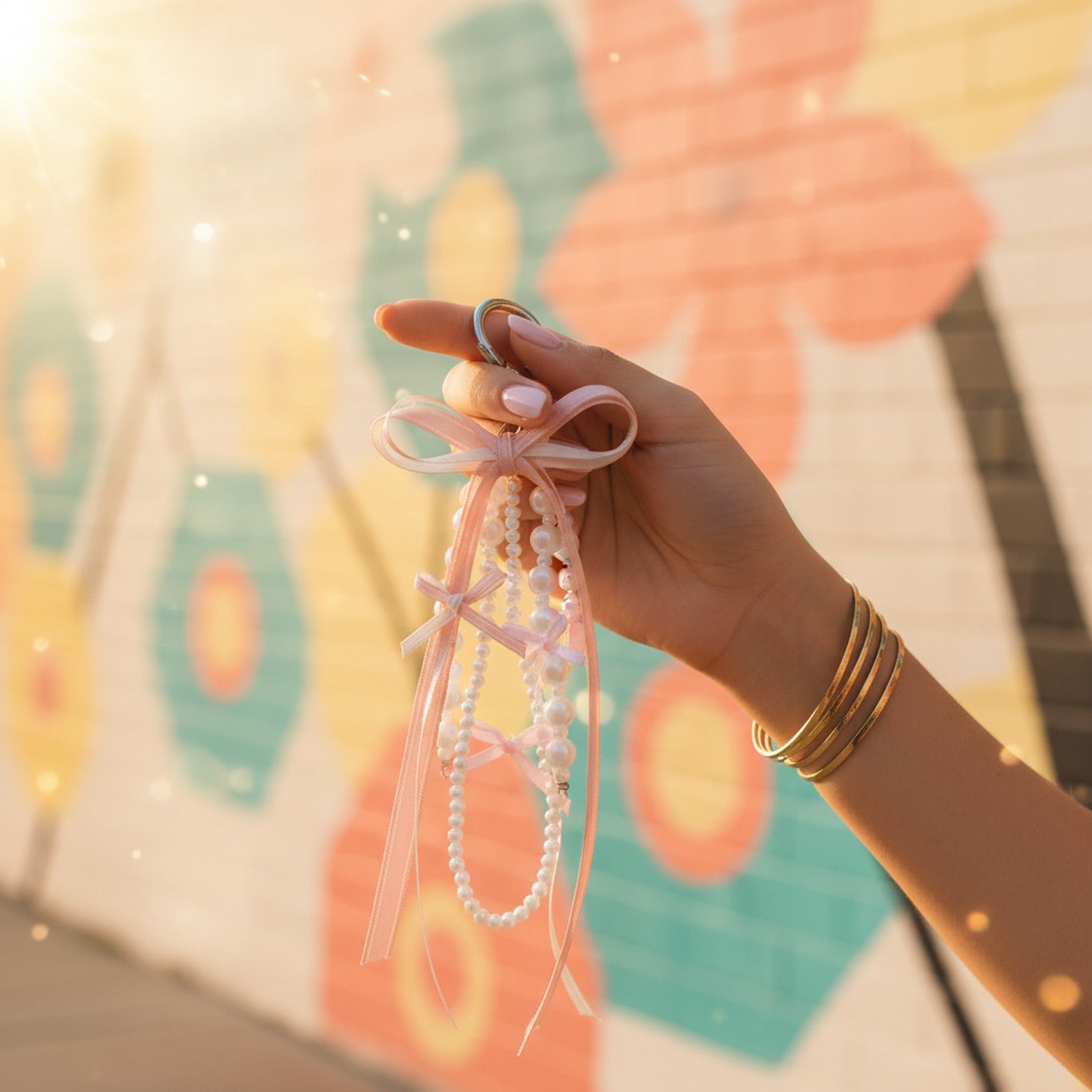 Elegant Ribbon Pearl Keychain with Bows - M390 Pink
