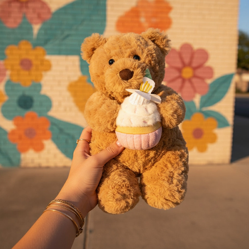 Tan Teddy Bear Plush With Birthday Cupcake