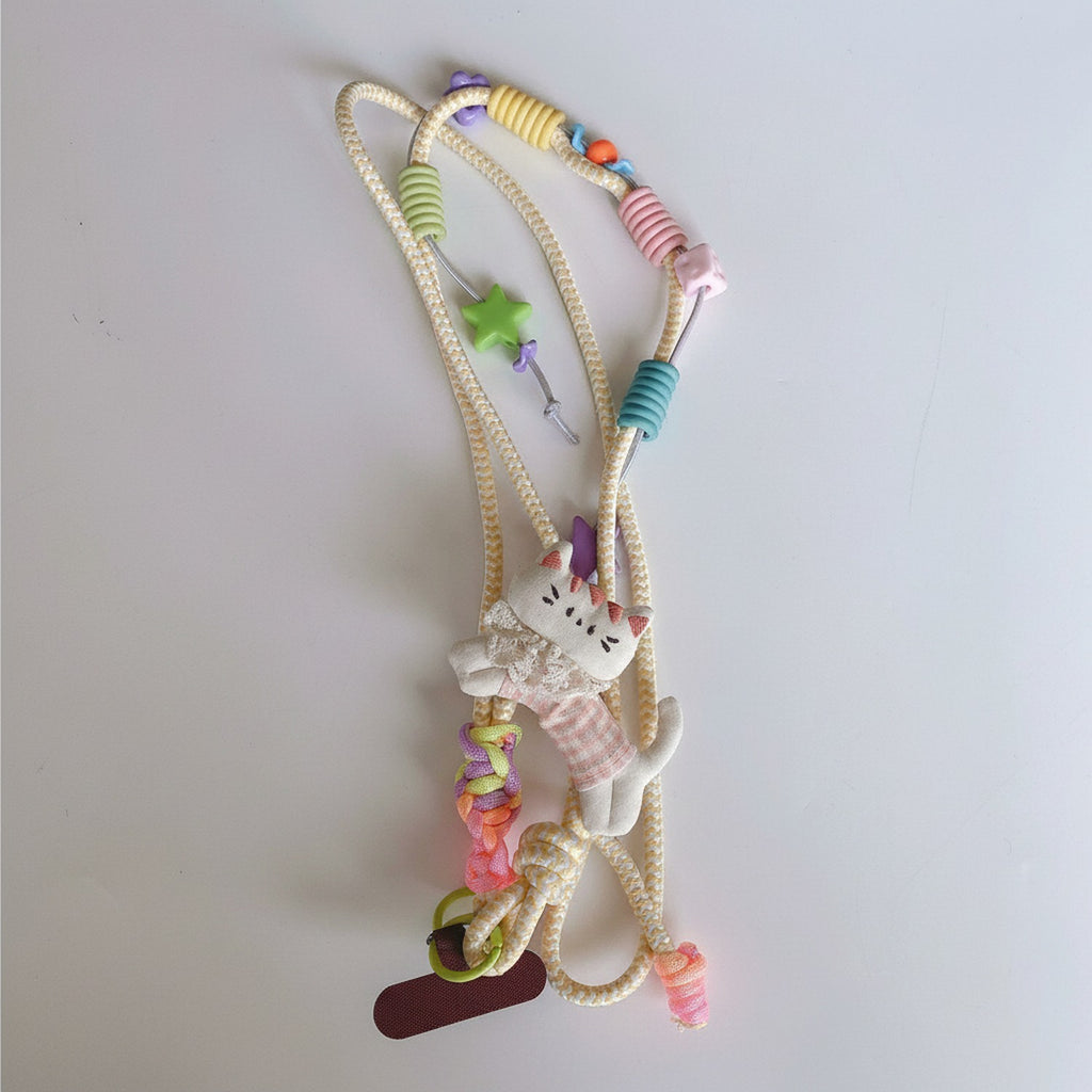 Kawaii Cat Beaded Phone Charm Strap With Colorful Beads