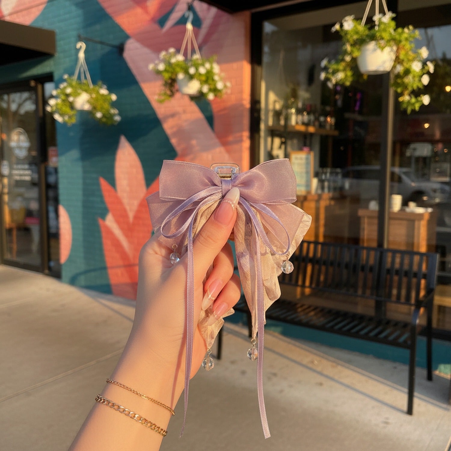 Lavender Floral Ribbon Bow Hair Claw Clip