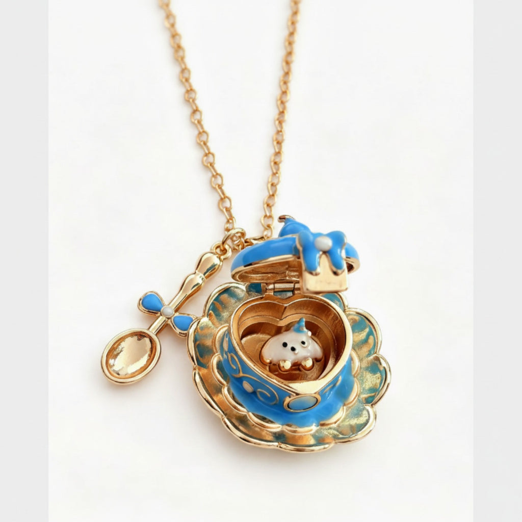 Flower Heart Locket Charm Necklace - Blue Teacup Opening Necklace – jewelry (view 2)