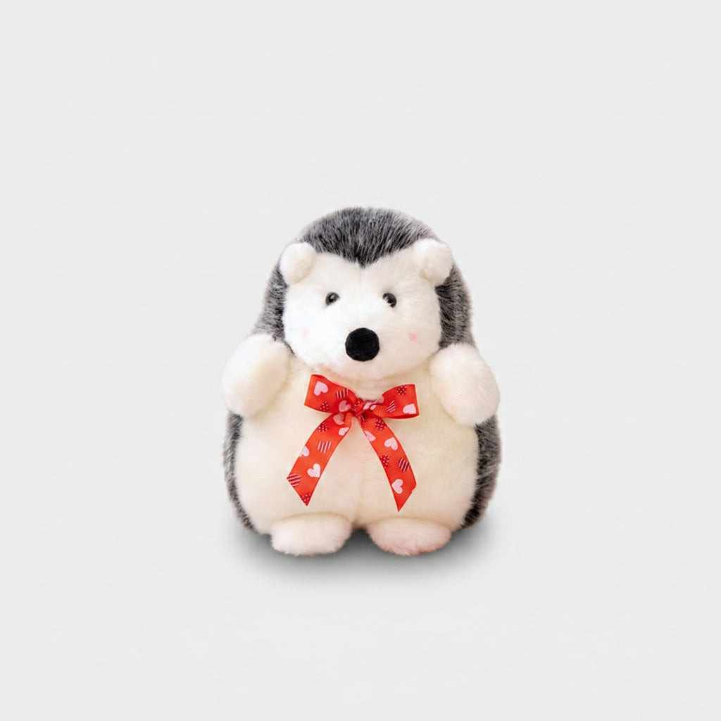 Adorable Gray and White Hedgehog Plush with Red Ribbon Bow