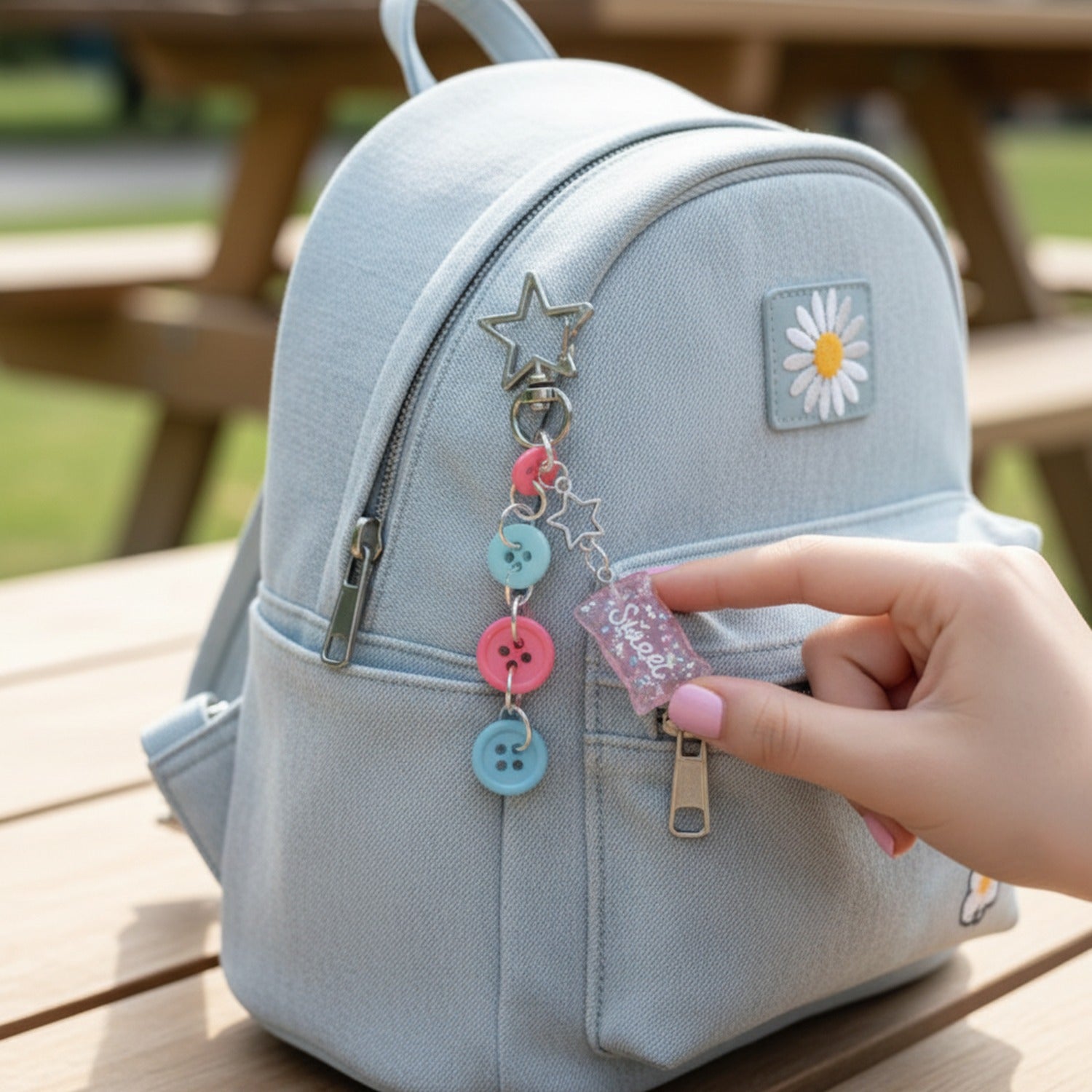 Acrylic Keyring With Star Charm And Button Accents