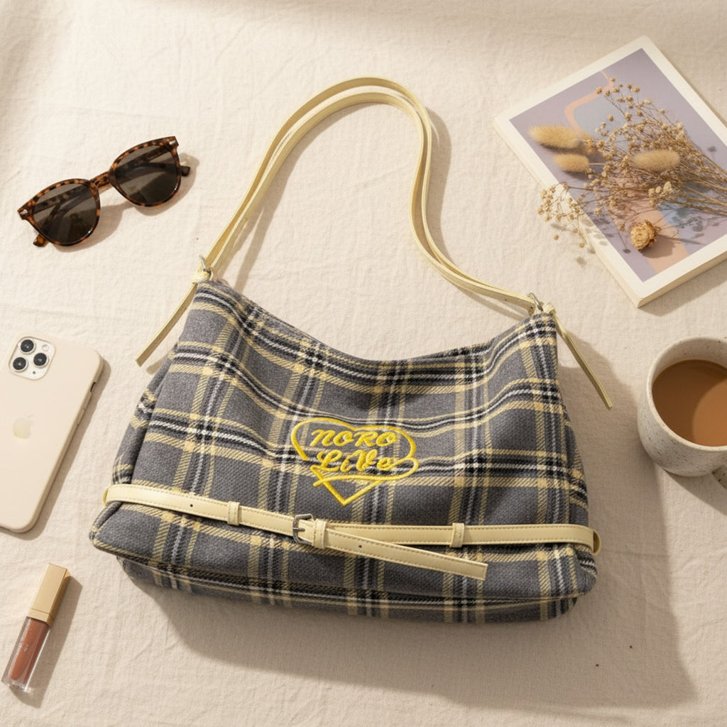 Yellow Plaid Shoulder Bag With Heart Charm