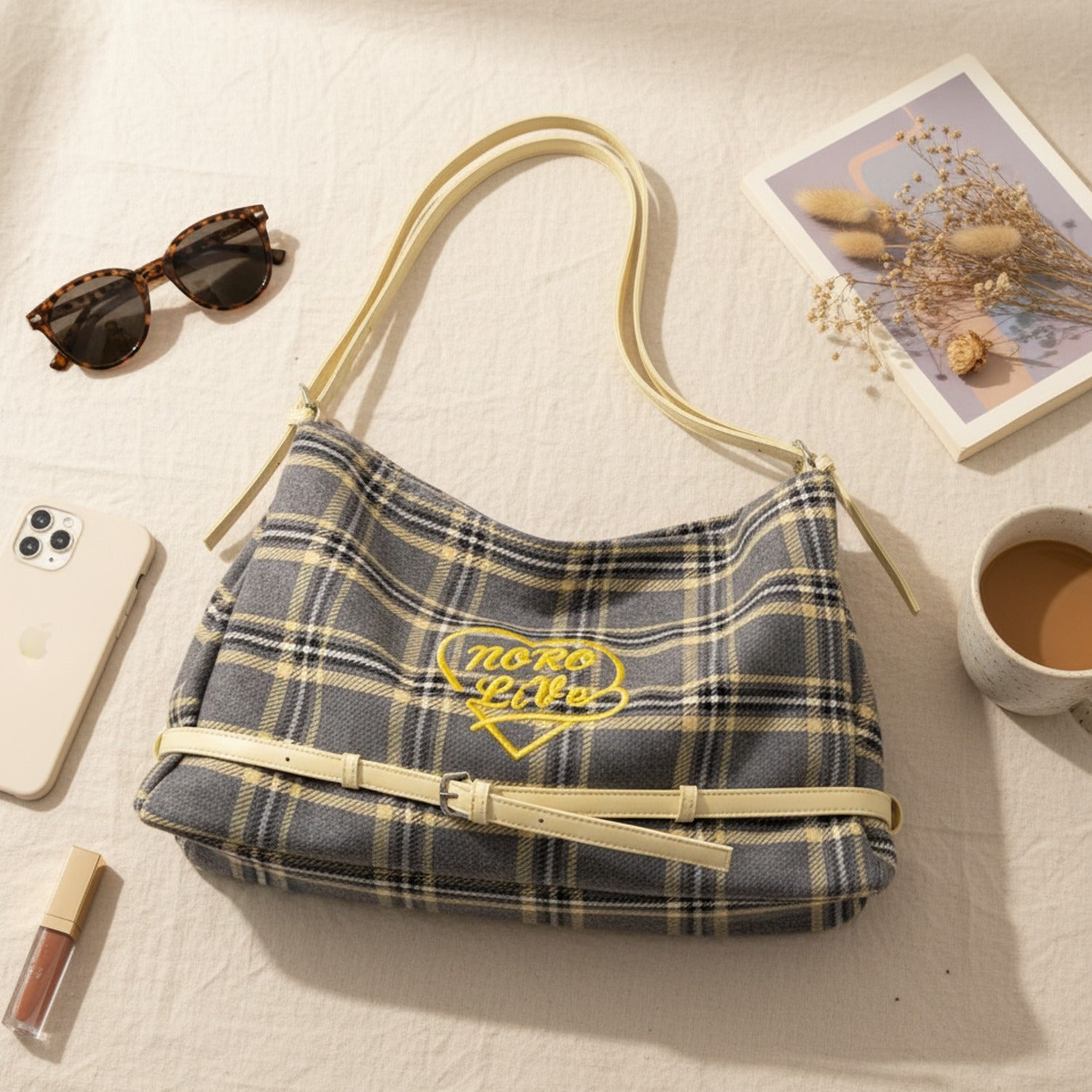 Yellow Plaid Shoulder Bag With Heart Charm