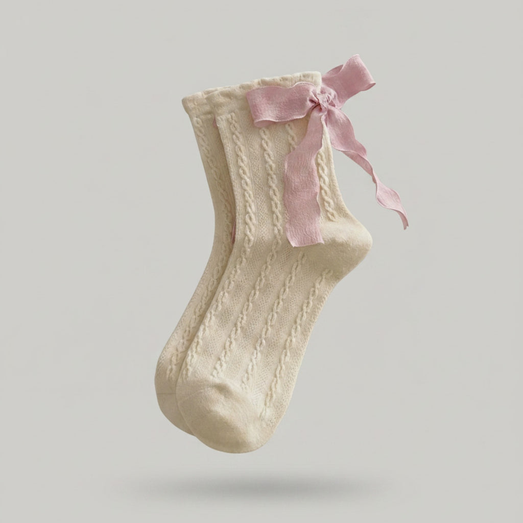 Cream Cable Knit Socks With Pink Bow