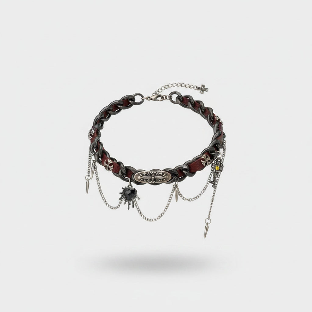 Burgundy Leather Chain Spike Charm Choker Necklace