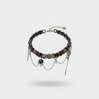 Burgundy Leather Chain Spike Charm Choker Necklace