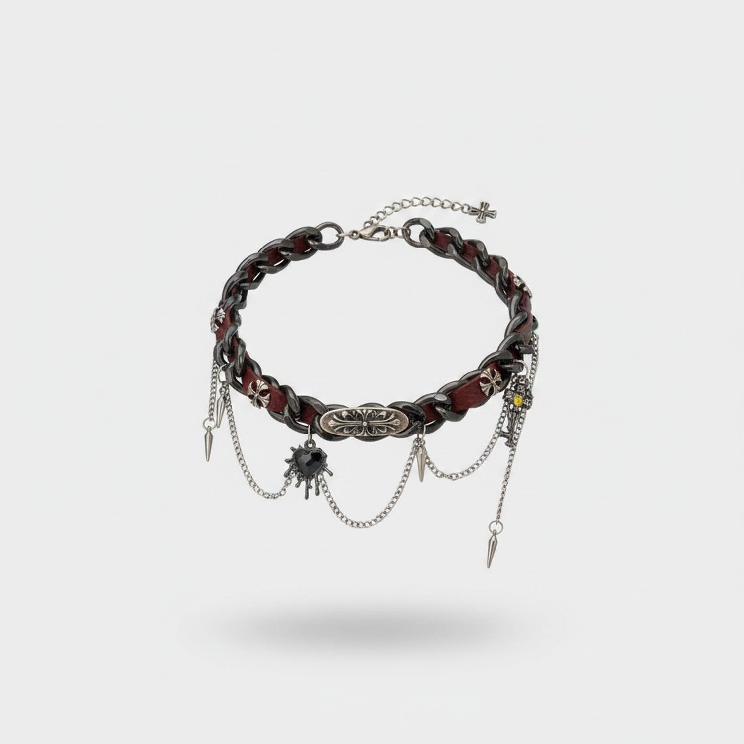 Burgundy Leather Chain Spike Charm Choker Necklace