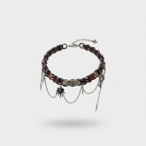 Burgundy Leather Chain Spike Charm Choker Necklace – jewelry (view 1)