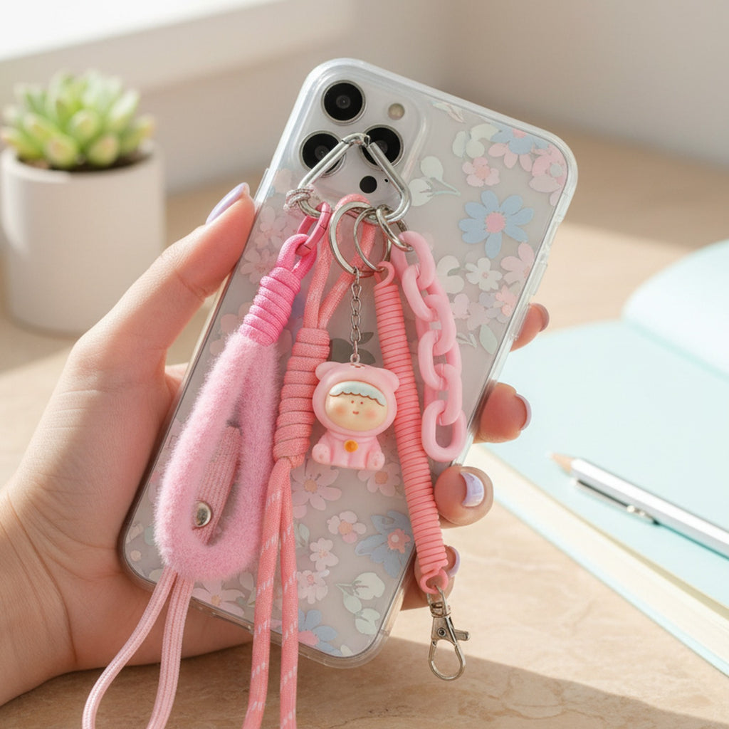 Pink Fluffy Charm Keychain With Ribbon Tassels