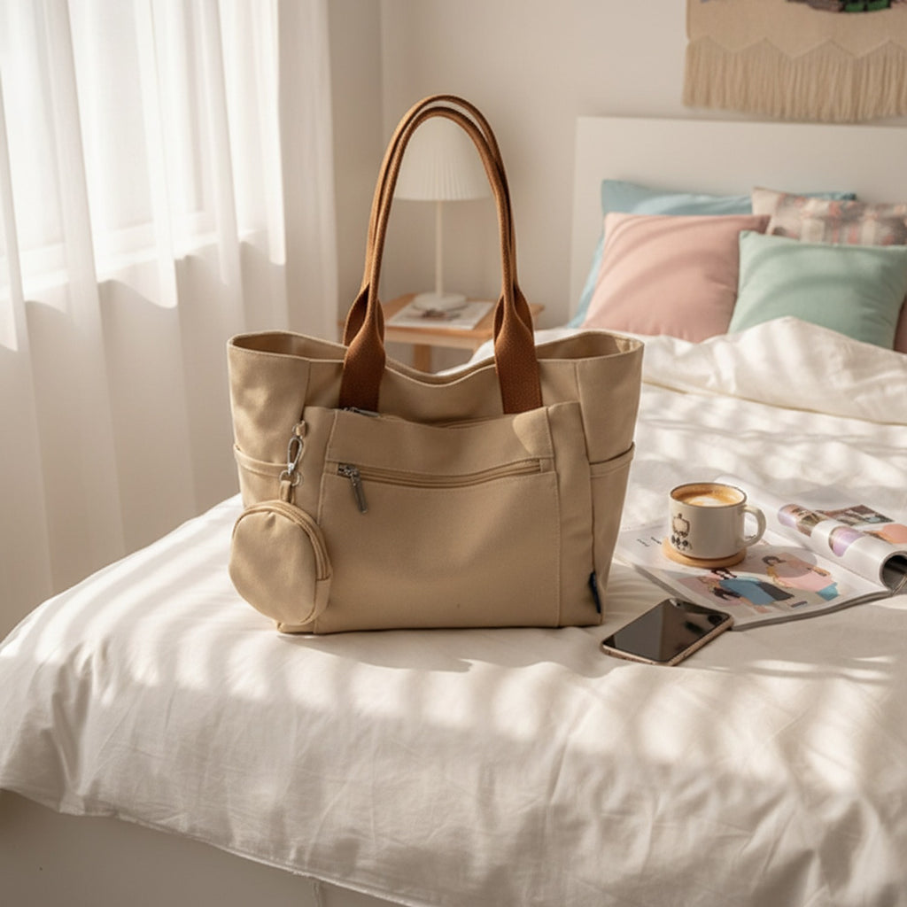 Cream Canvas Tote Bag With Circular Charm