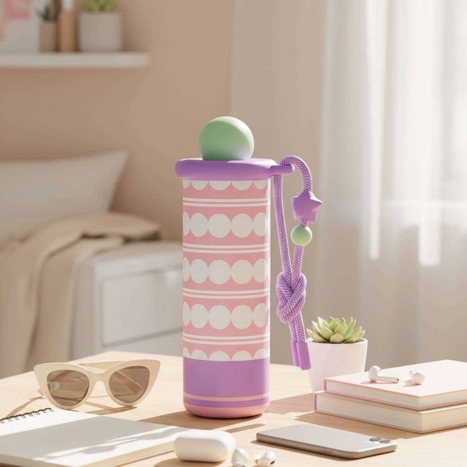 Pastel Pink Polka Dot Tumbler With Purple Rope Handle