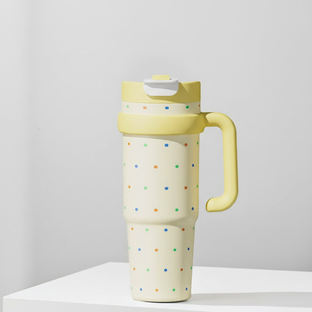 Pastel Yellow Polka Dot Travel Tumbler With Handle