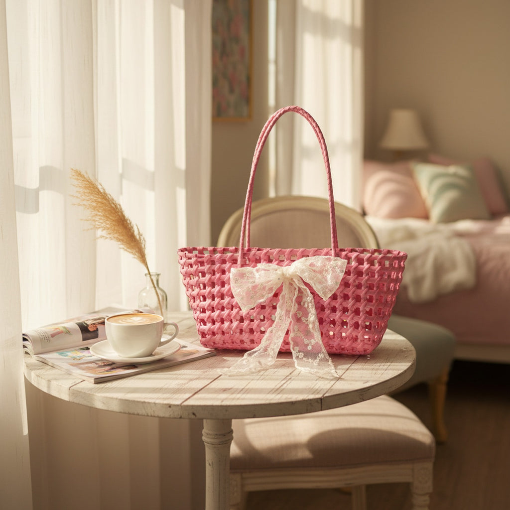 Pink Woven Basket Tote With Lace Bow