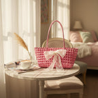 Pink Woven Basket Tote With Lace Bow