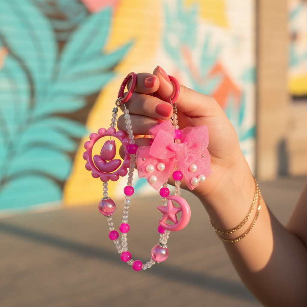 Pink Beaded Acrylic Keyring With Bow Charm