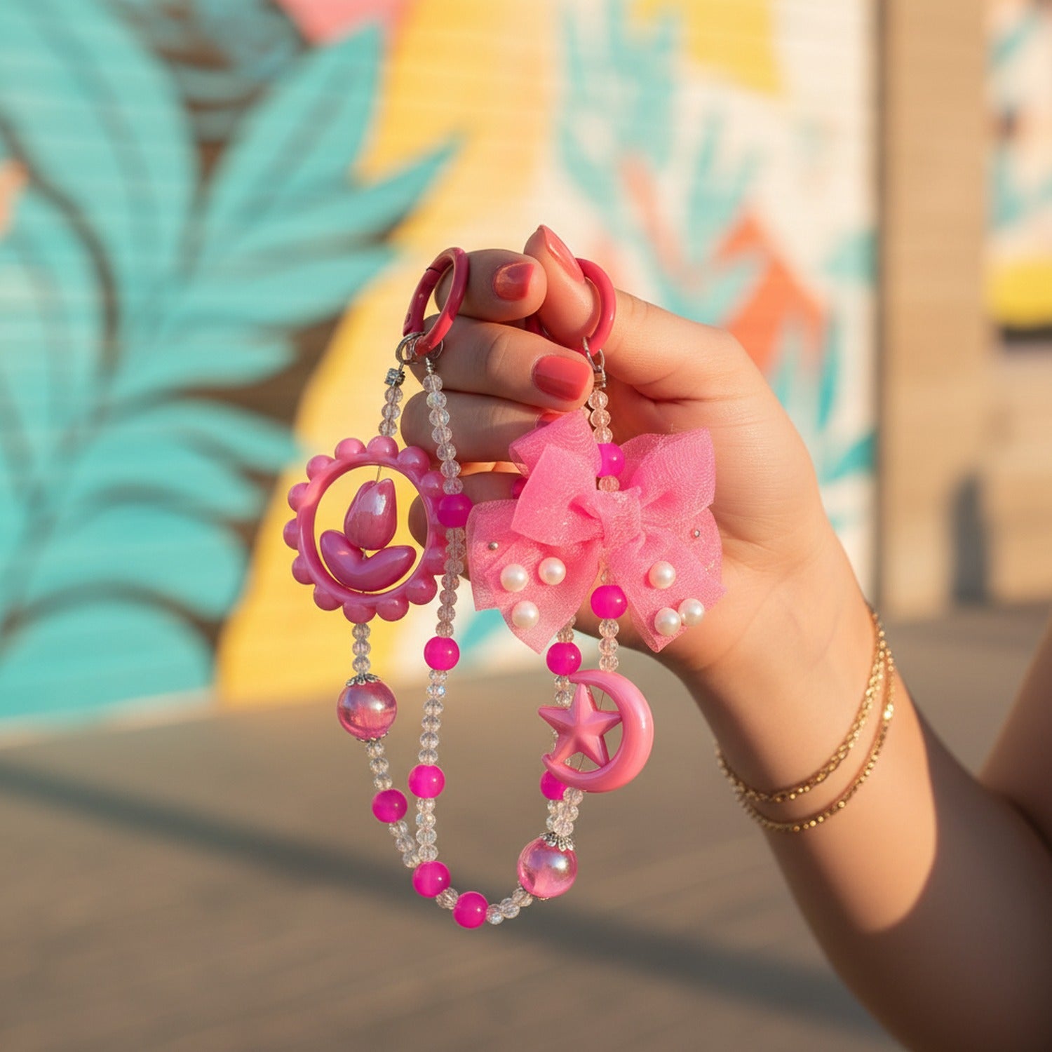Pink Beaded Acrylic Keyring With Bow Charm