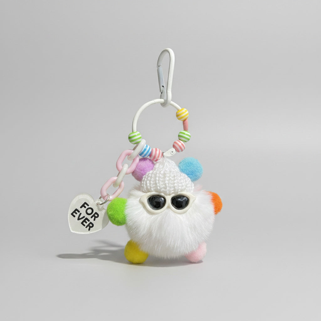Fluffy White Pom Keyring With Colorful Beaded Chain