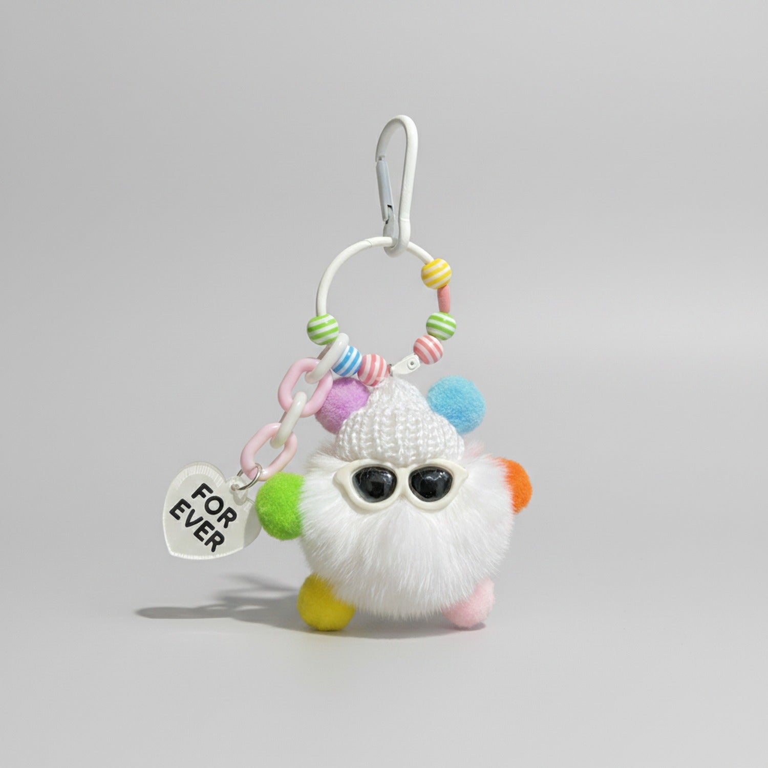 Fluffy White Pom Keyring With Colorful Beaded Chain