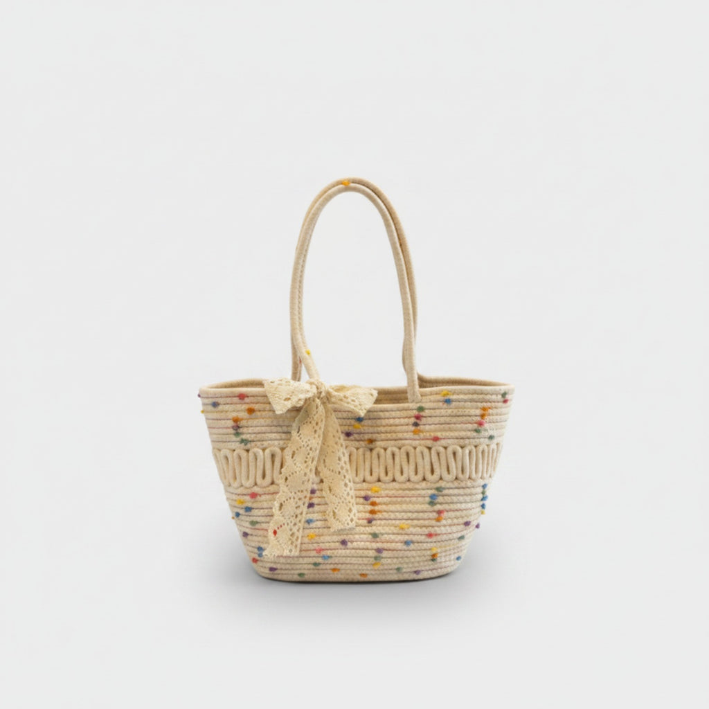 Colorful Beaded Straw Tote Bag With Lace Bow