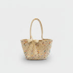 Colorful Beaded Straw Tote Bag With Lace Bow