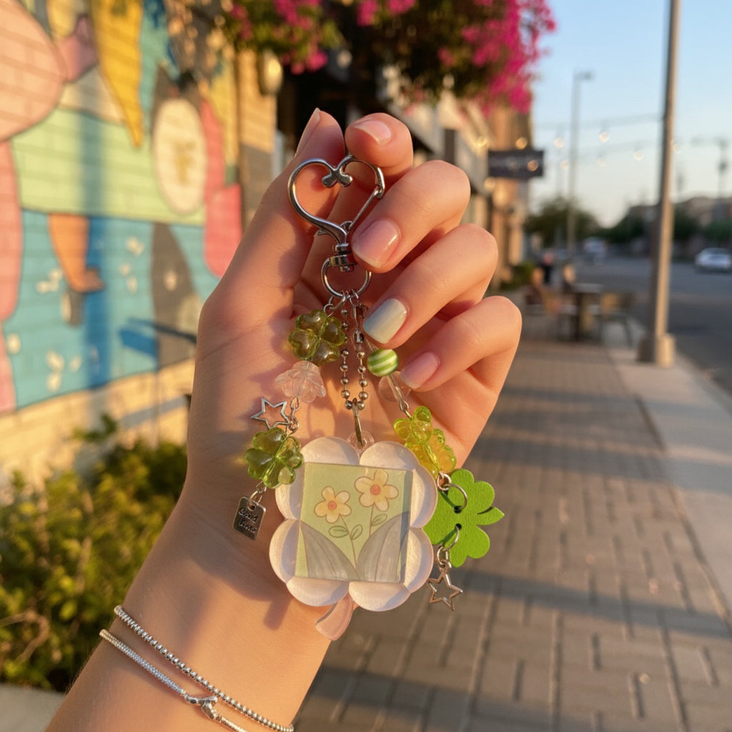 Flower Acrylic Keyring With Clover Charm Beads