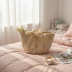 Colorful Beaded Straw Tote Bag With Lace Bow