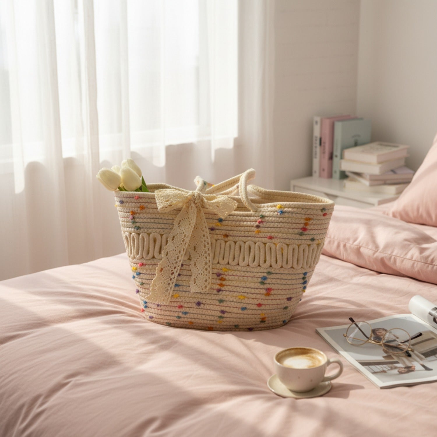 Colorful Beaded Straw Tote Bag With Lace Bow